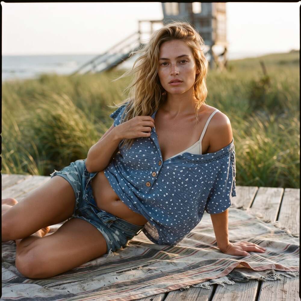 Fred David Women L Blue Polka Dot Top Crochet Trim Button Boho Relaxed